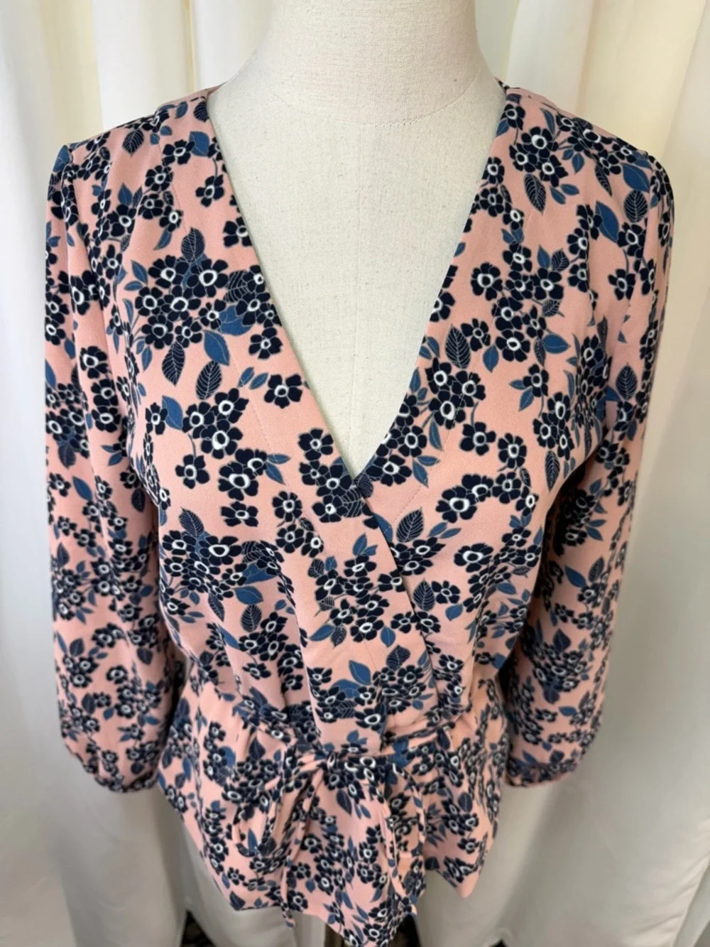 J. Crew Pink & Blue Floral Print Faux Wrap Crepe Blouson Sleeve Blouse Size 4